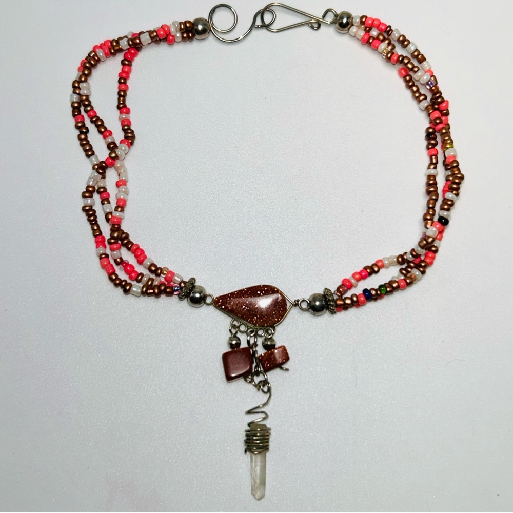 Handmade Artisan Multi-Strand Pink Bronze White Beaded Bracelet with Pendant